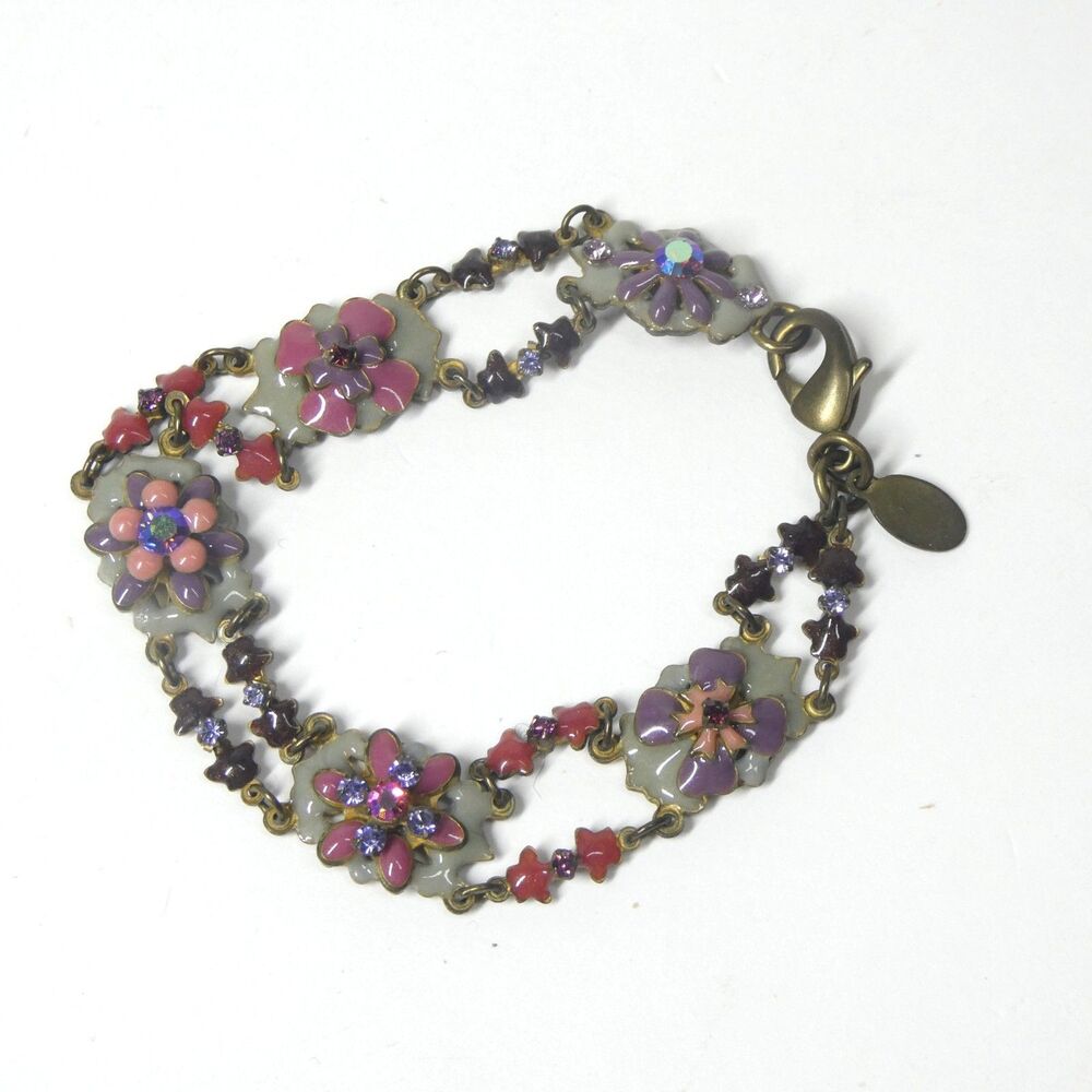 Fresh Flowers Enamel Bracelet Floral Purple Pink Bronze Sorrelli Signed